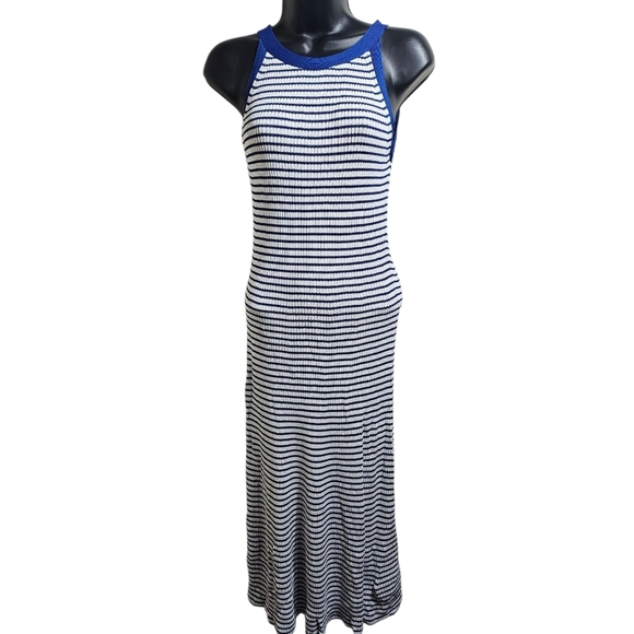 Michael Kors Royal Cobalt Blue White Striped Halter Neck Knit Dress - Picture 1 of 12